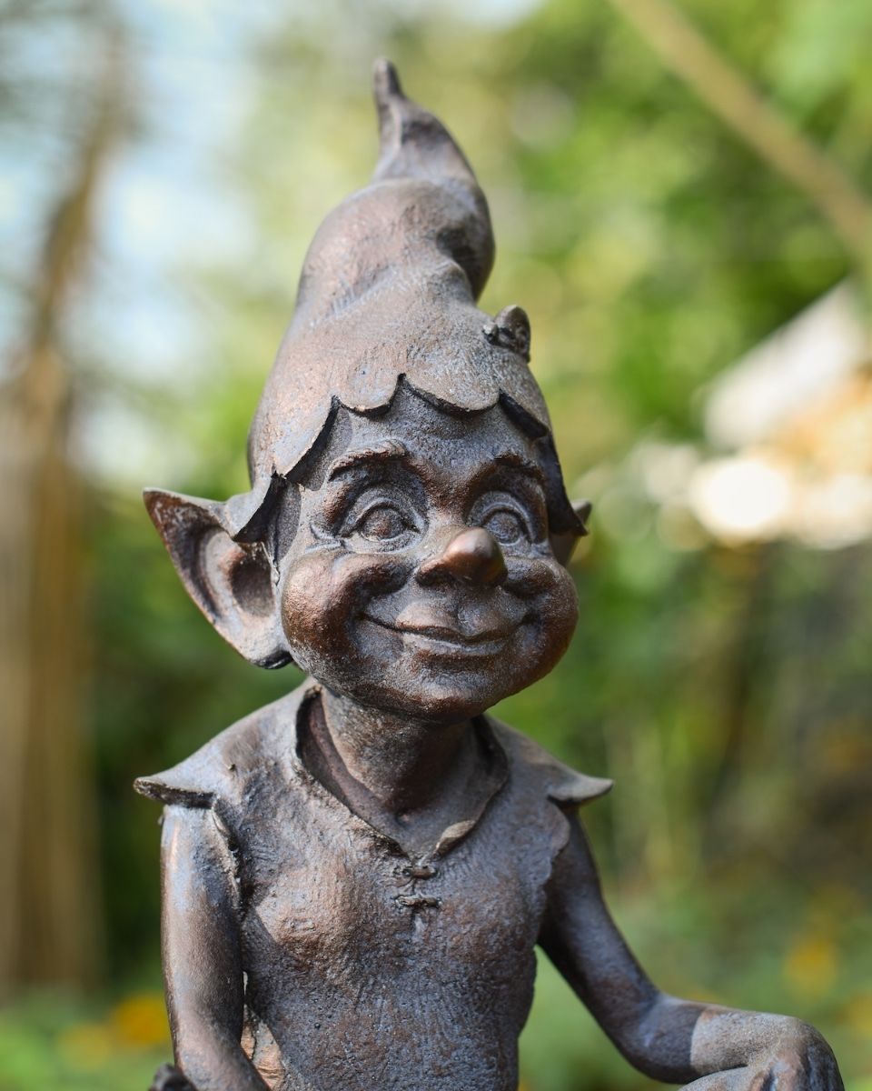 "Perched Pixie" Resin Garden Sculpture Bronze and Verdigris clsoe up of head