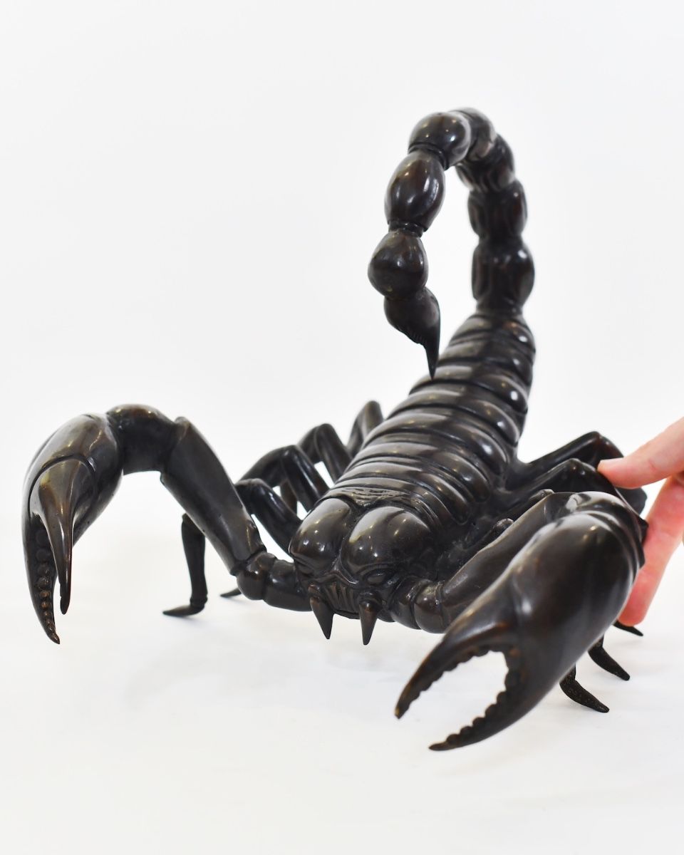 "Primal Sting" Cast Brass Scorpion Sculpture with hand in shot for scale