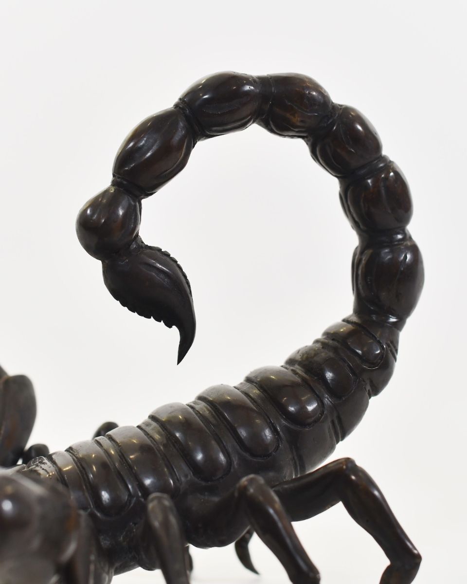 "Primal Sting" Cast Brass Scorpion Sculpture close up of tail and stinger