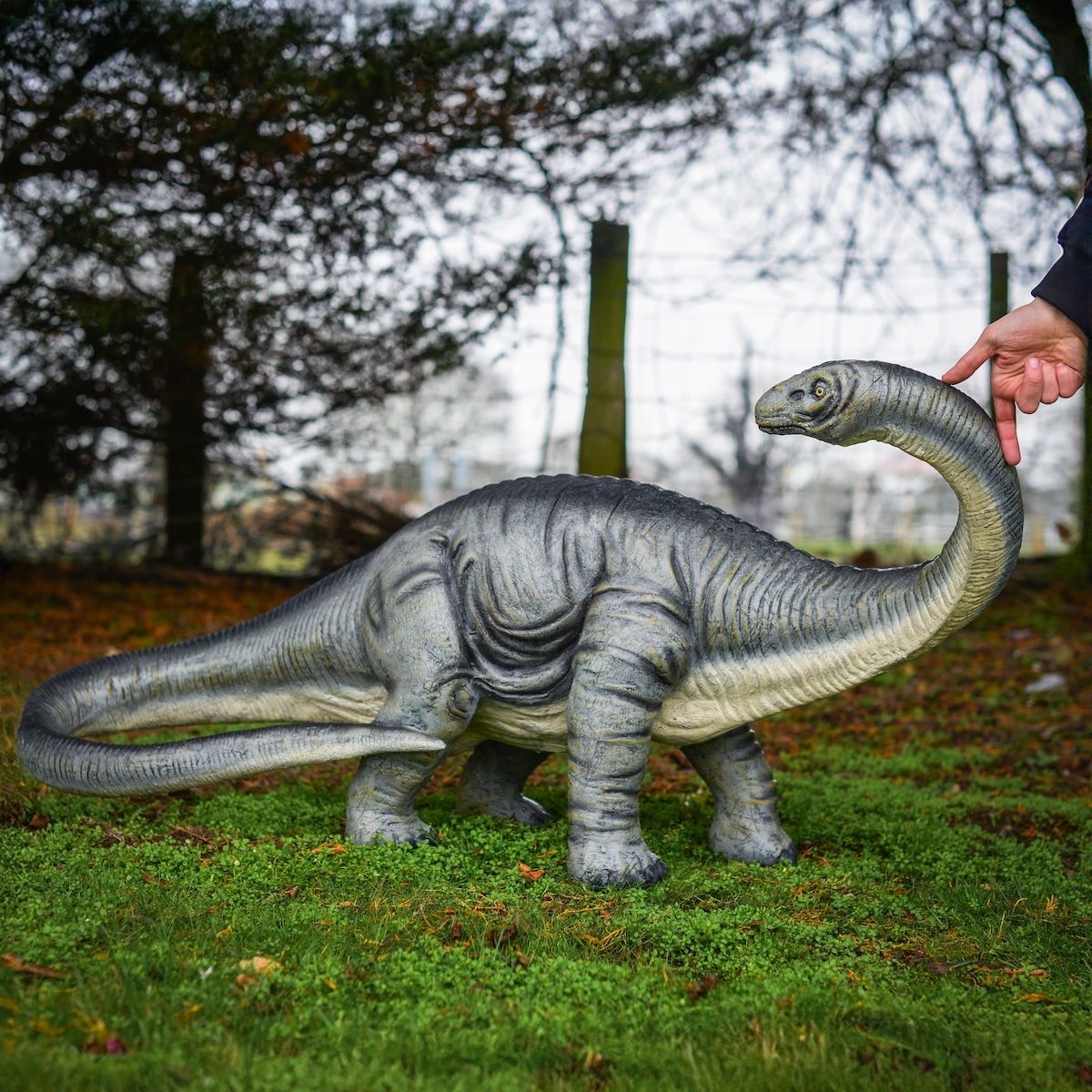"Primeval Colossus" Diplodocus Fibreglass Garden Sculpture with hand in shot for scale
