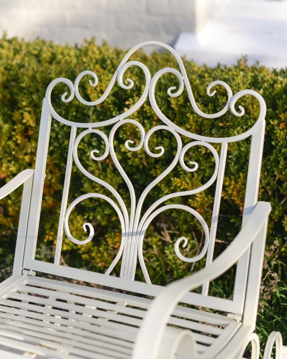 "Province" Wrought Iron Cream Garden Rocking Chair close up of back rest