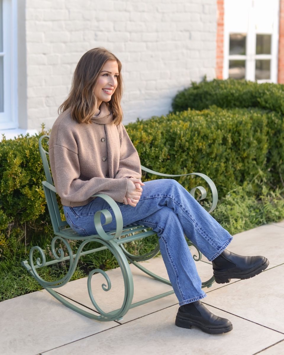 "Province" Wrought Iron Sage Green Garden Rocking Chair with lady sat in chair
