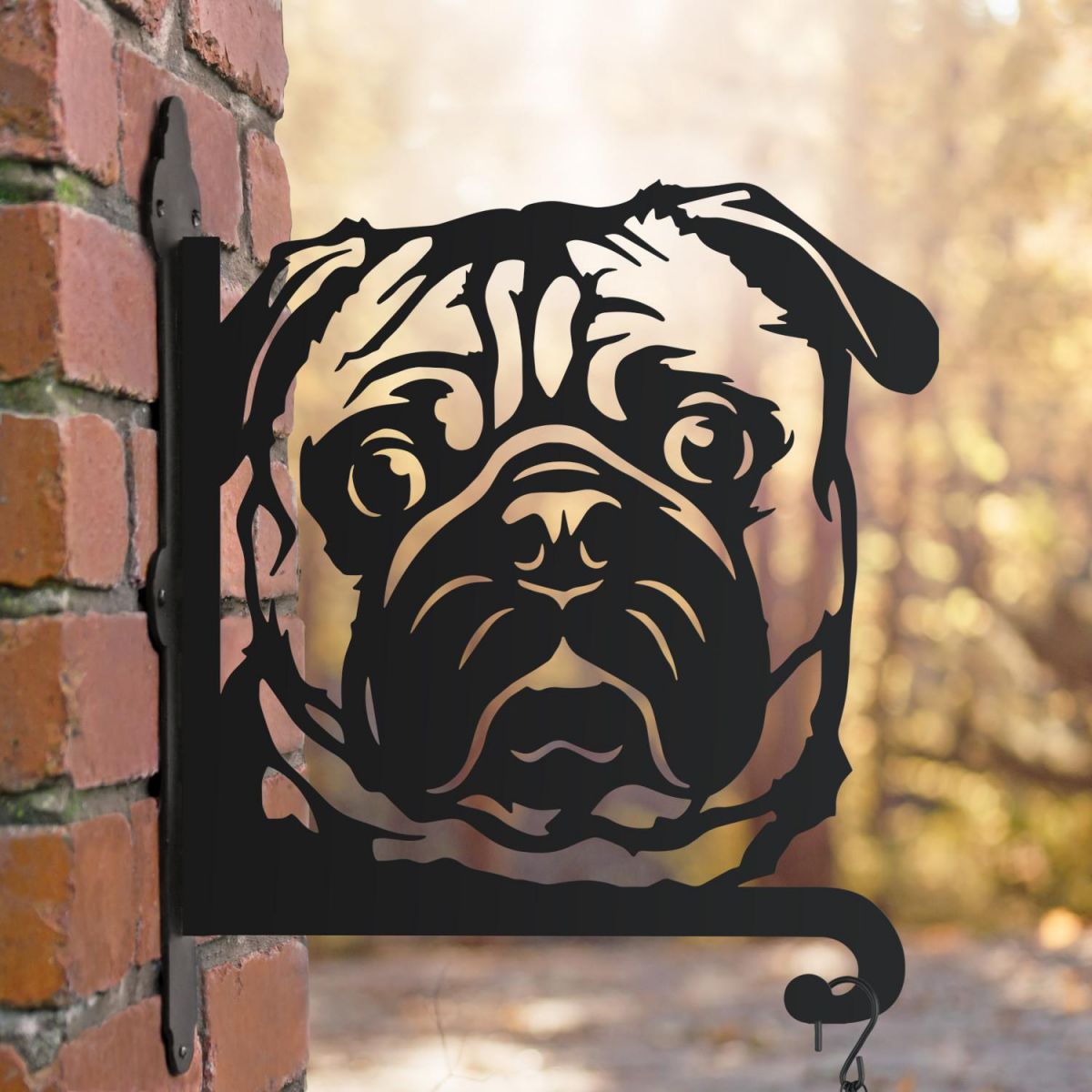 Pug hanging basket bracket in the woods