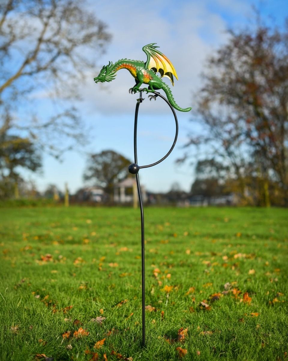 "Ragnor" the Steel Dragon Rocker Garden Spike on a Grass Lawn