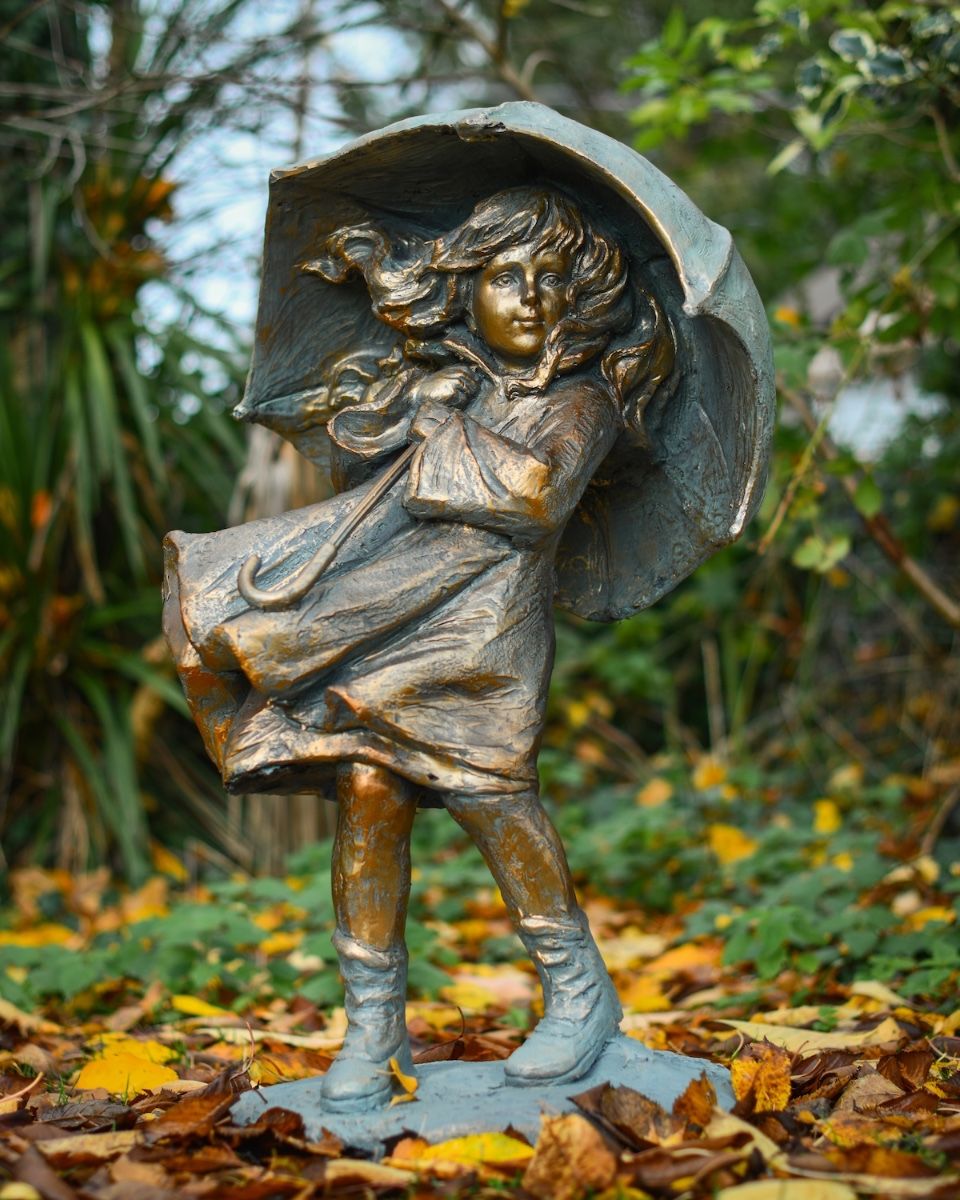 "Rain or Shine" Girl with Umbrella Resin Garden Sculpture Brass and Verdigris Finish 