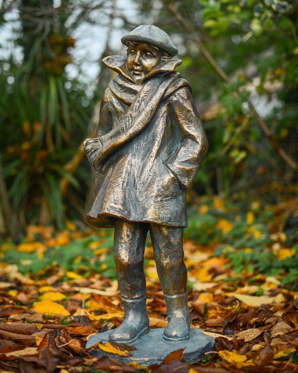 "Rain or Shine" Male Resin Garden Sculpture Brass and Verdigris Finish 