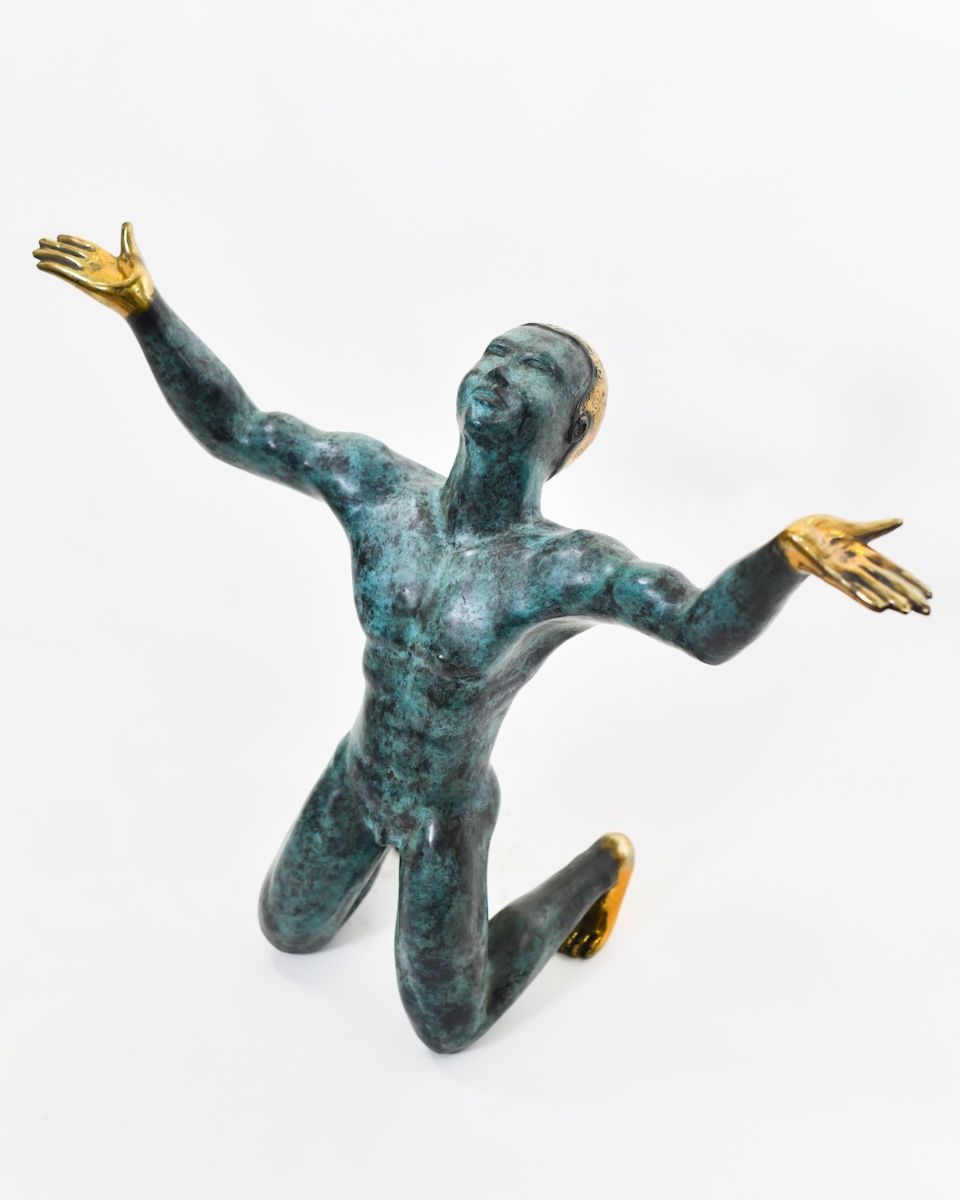 "Reaching Prayer" Sculpture in Cast Brass angled view
