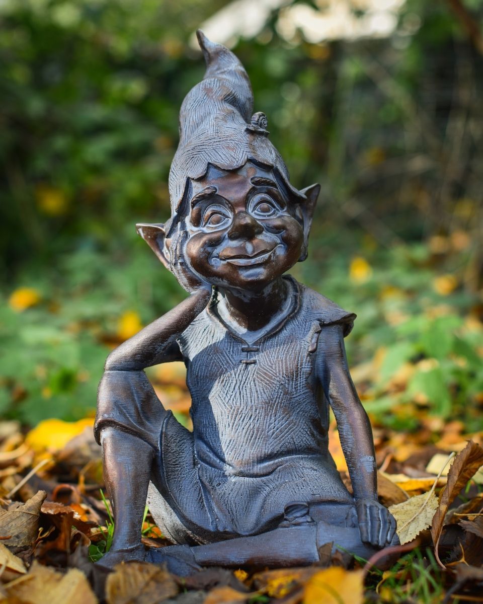 "Reminiscing Pixie" Resin Garden Sculpture Bronze and Verdigris facing front