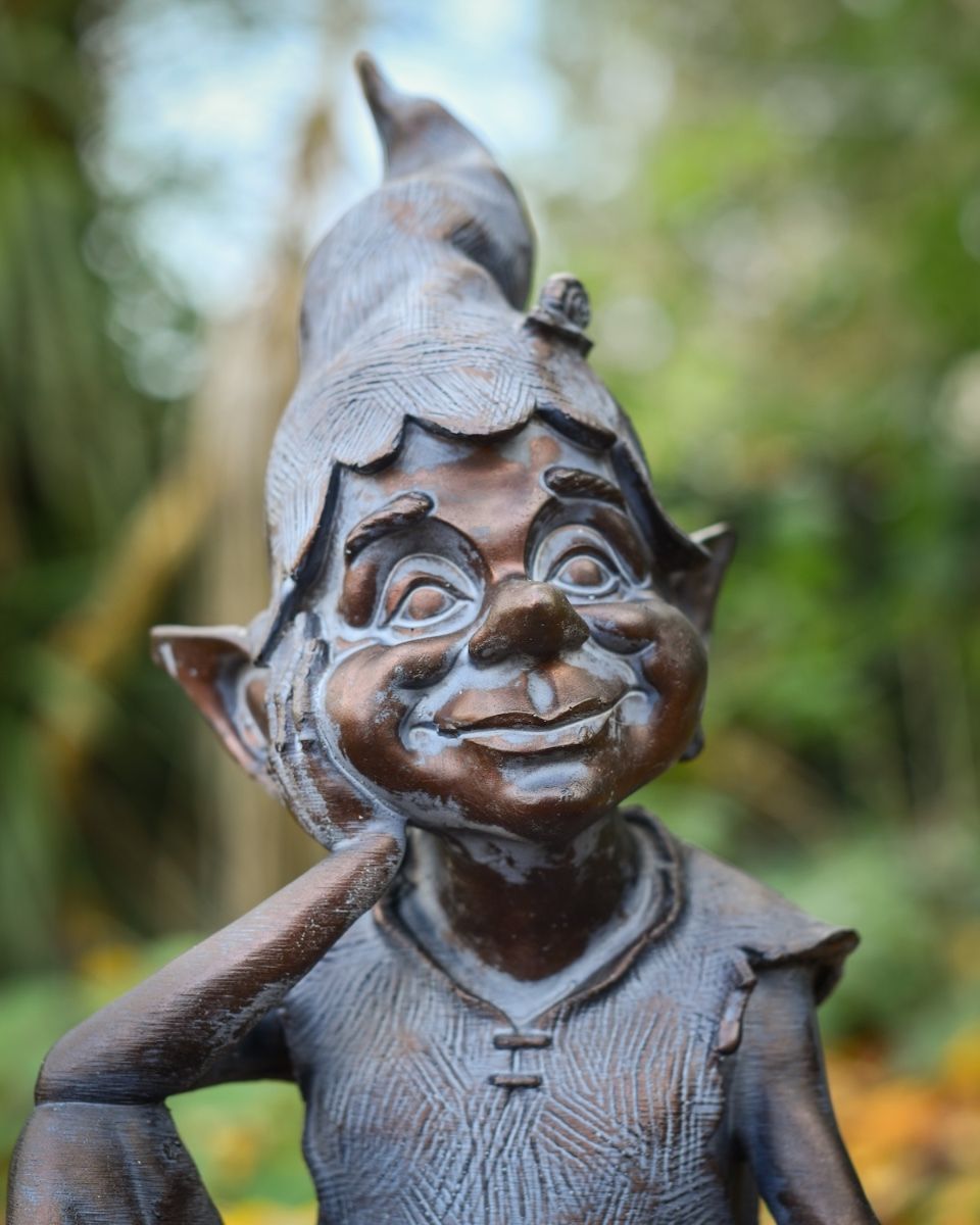 "Reminiscing Pixie" Resin Garden Sculpture Bronze and Verdigris close up of head