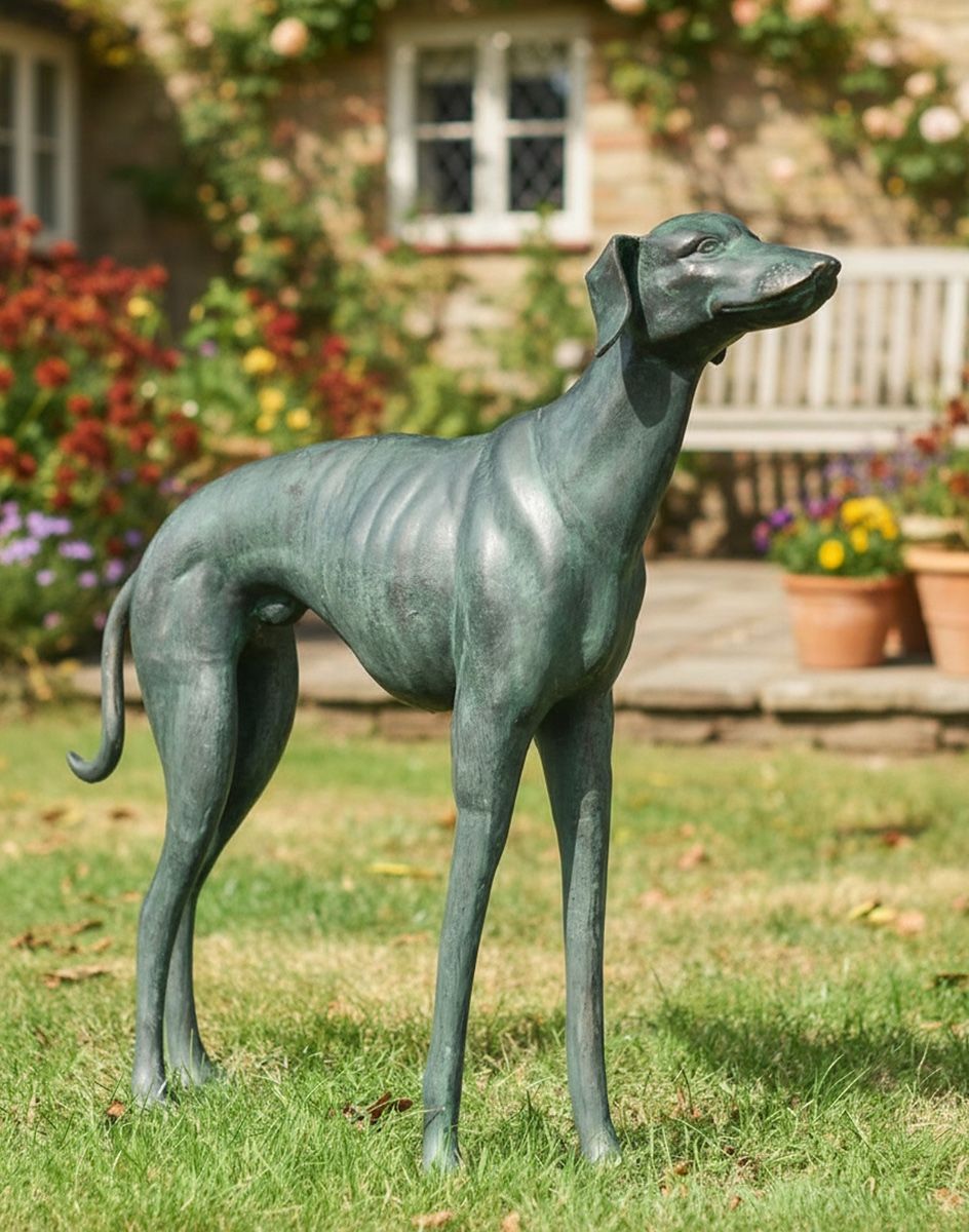 "Rocket" the Verdigris Greyhound Dog Sculpture in Front of a Cottage Garden Digital Illustration