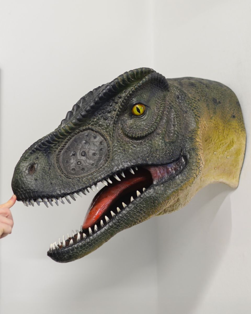 ‘Rory’ the T-Rex Fibreglass Garden Wall Art on white wall to scale wiht hand in shot