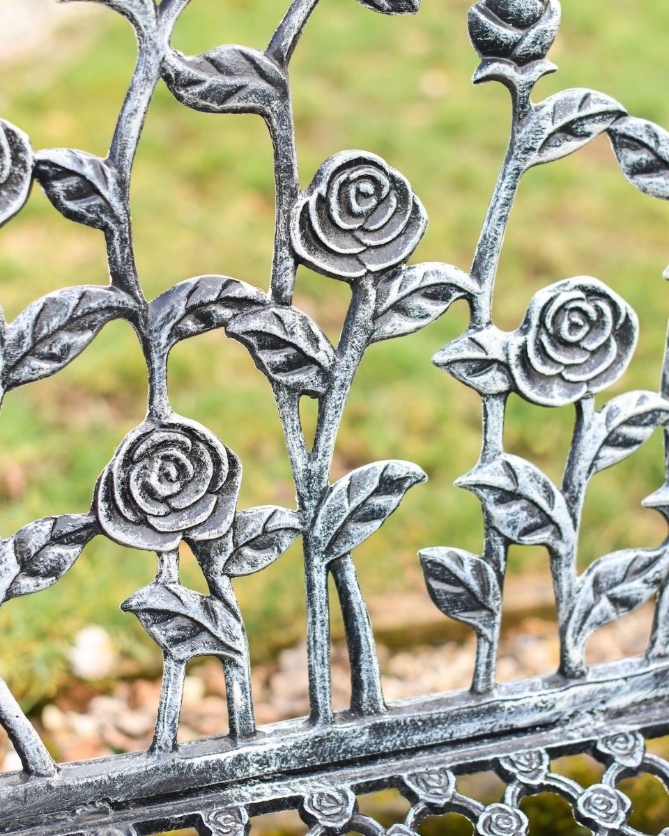 "Rosetta" Black & Silver Rose Design Bench close up of rose detailed back support