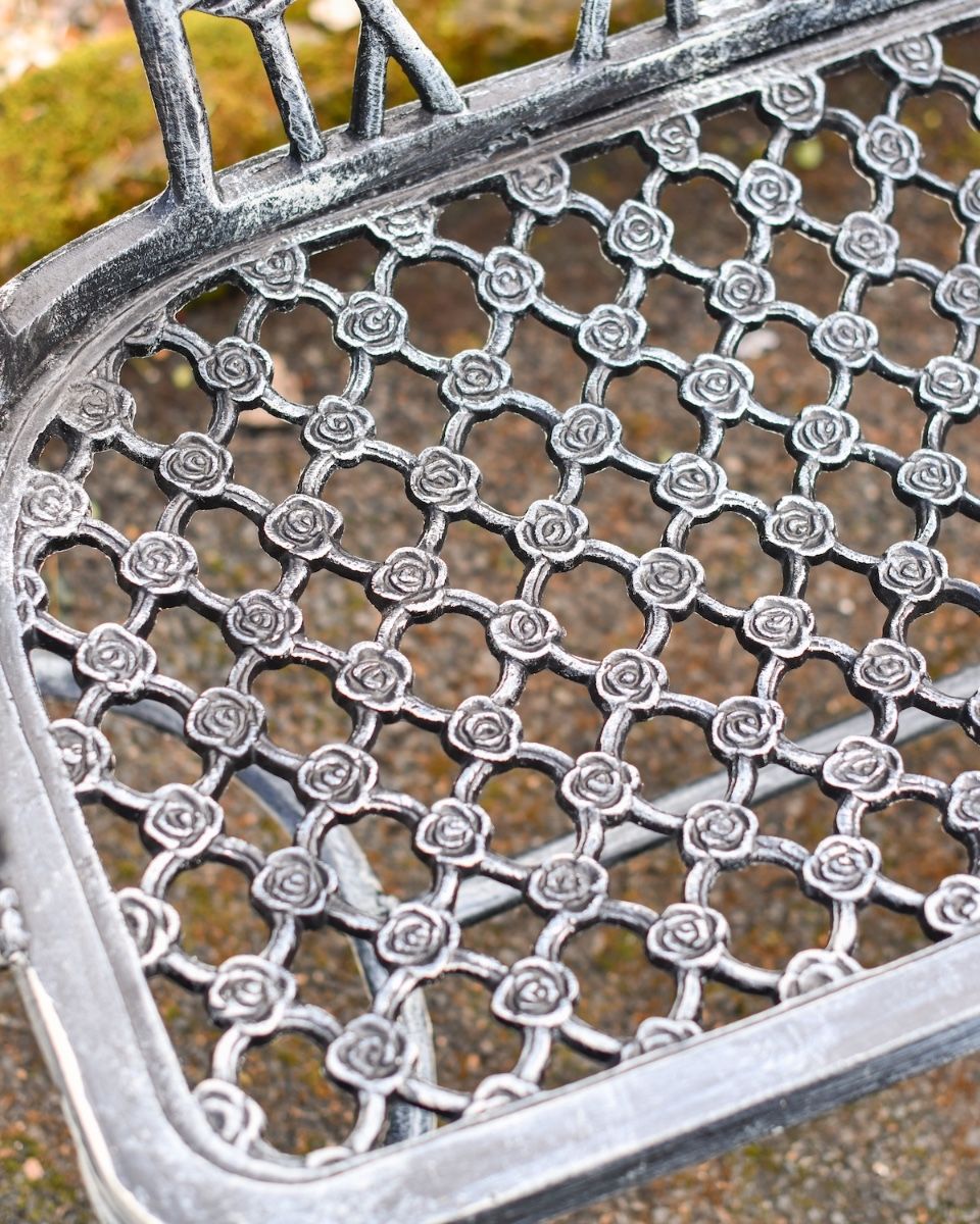 "Rosetta" Black & Silver Rose Design Bench close up of rose detailed lattice seat