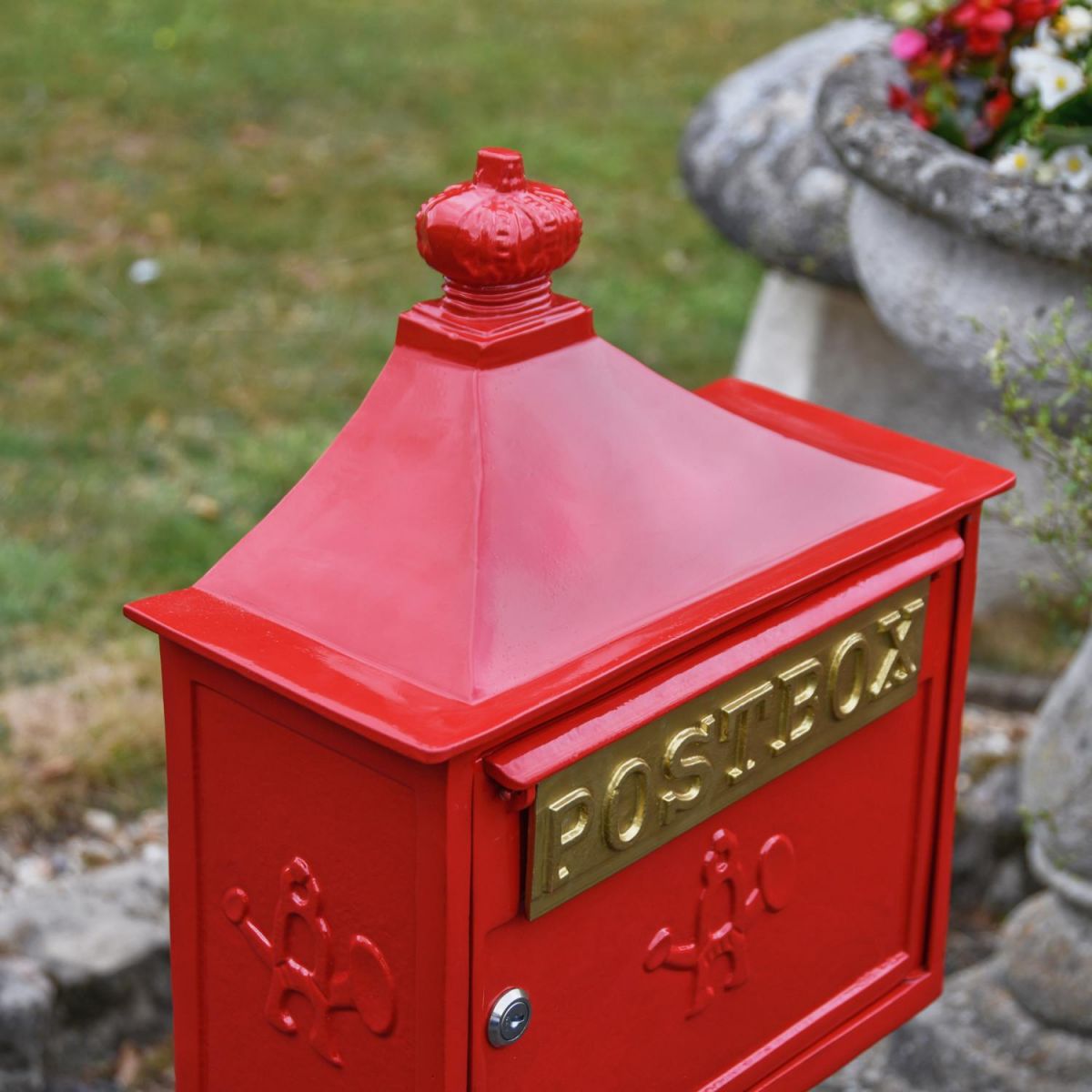Close-up of Lid on “Saffron Blossom” Red Suffolk Post Box with Stand