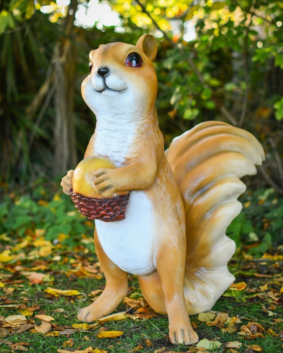 "Scoot" the Handpainted Fibreglass Squirrel Garden Sculpture angled view of sculpture