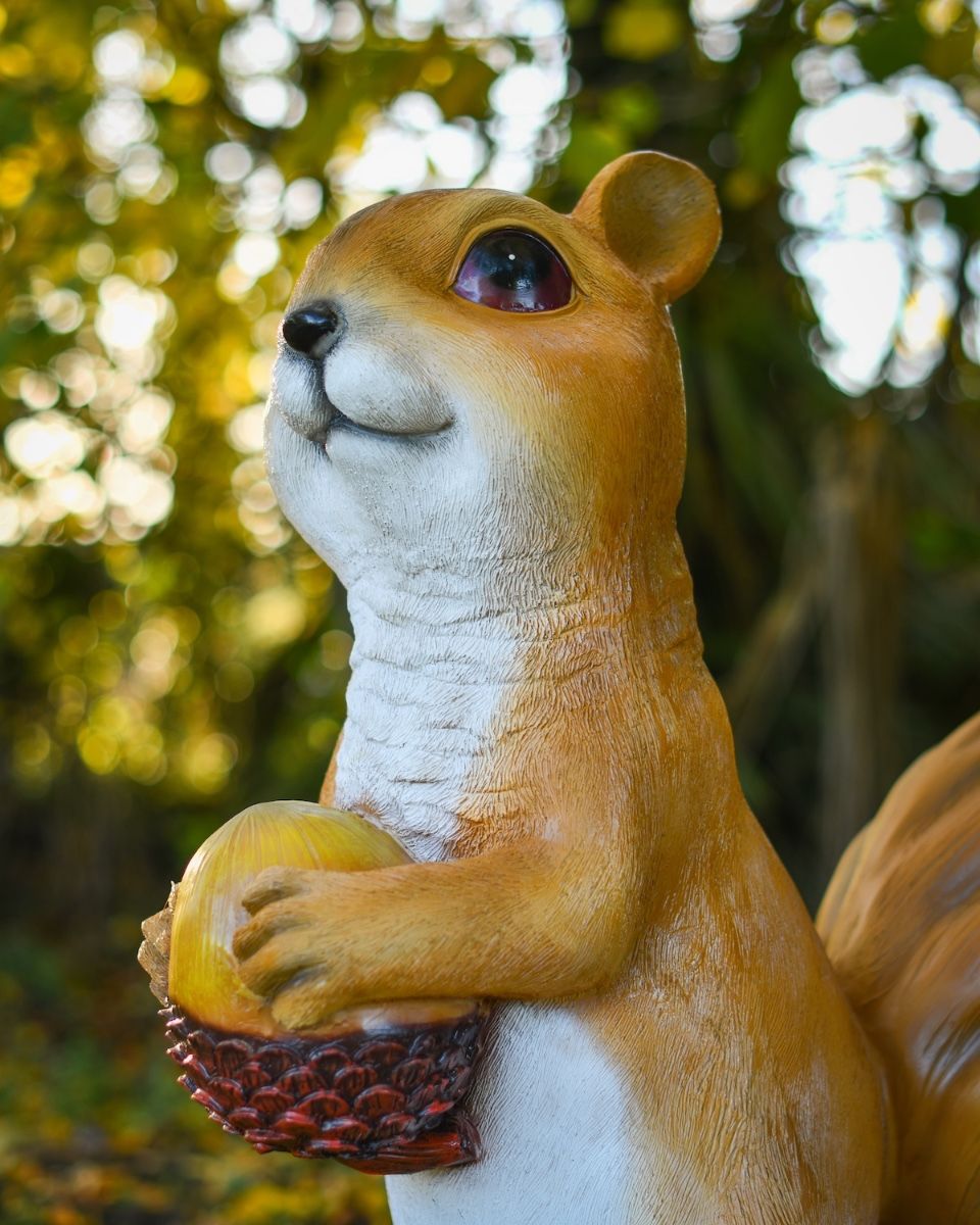 "Scoot" the Handpainted Fibreglass Squirrel Garden Sculpture close up of head