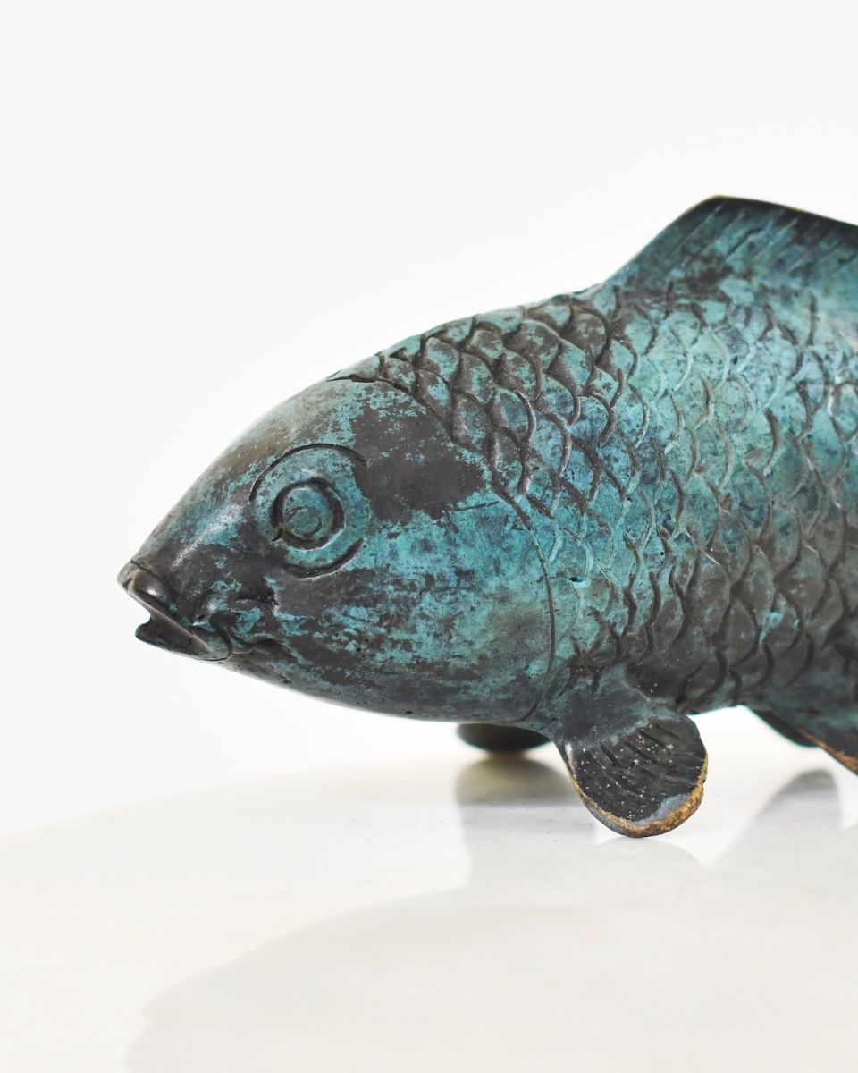 "Shadowed Sovereign" Koi Sculpture in Cast Brass close up of head