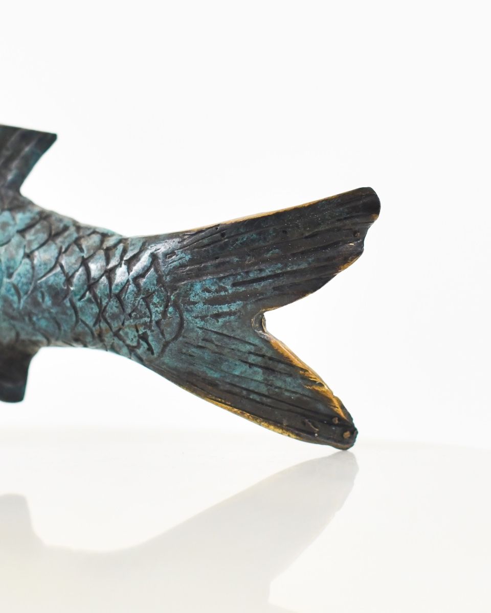 "Shadowed Sovereign" Koi Sculpture in Cast Brass close up of tail