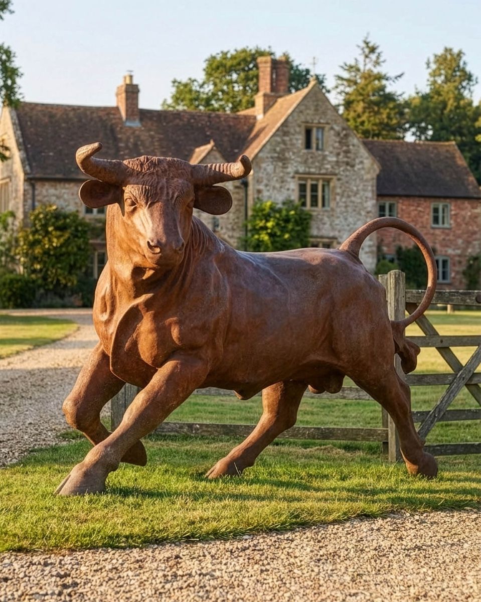 “Shepherds Hill” Rustic Bull Garden Sculpture Digital Illustration