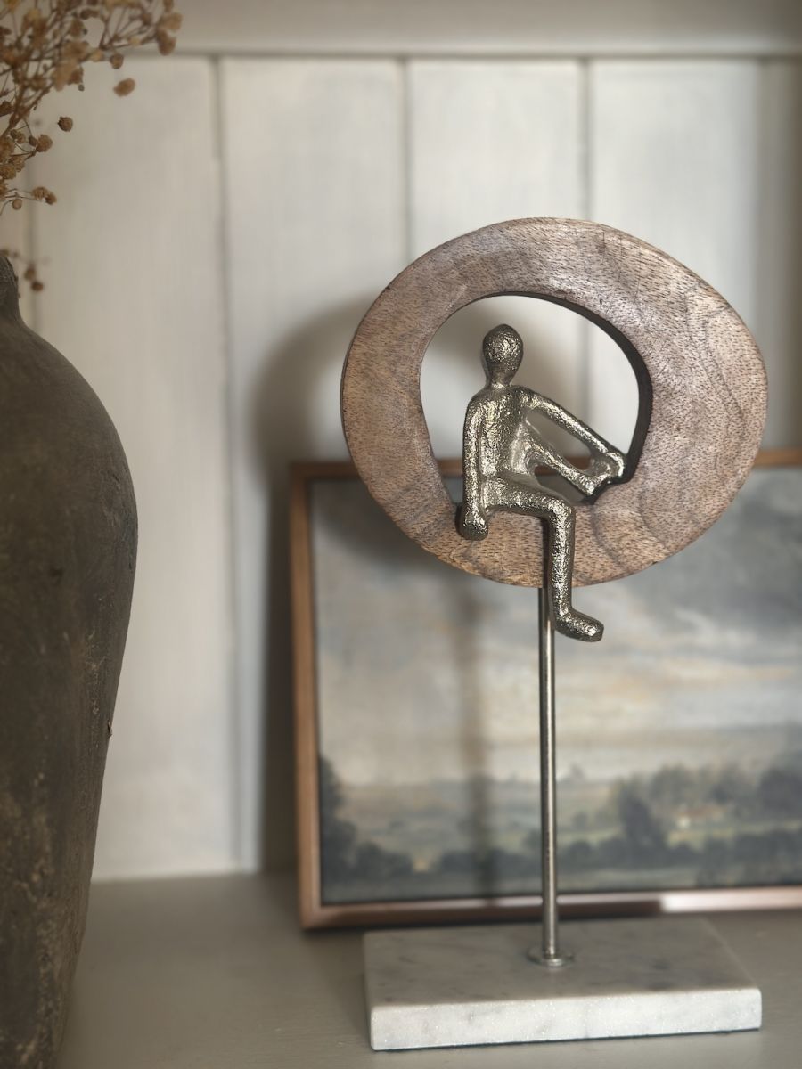 "Soul Searching" Aluminium, Mango Wood & Marble Sculpture - Silver