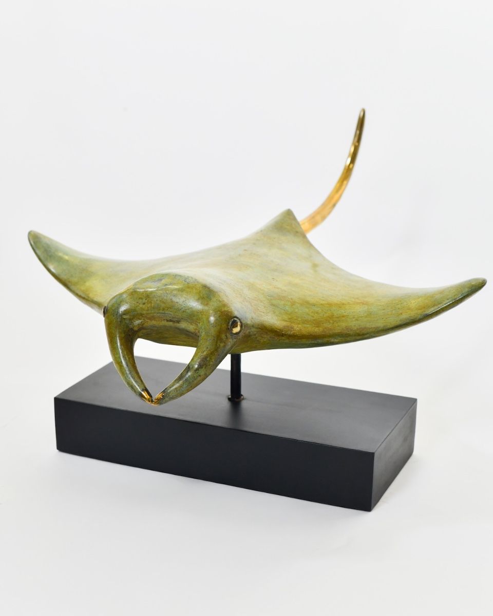 "Sovereign Glider" Ray Large Cast Brass Ornament - Light Verdigris low angle view