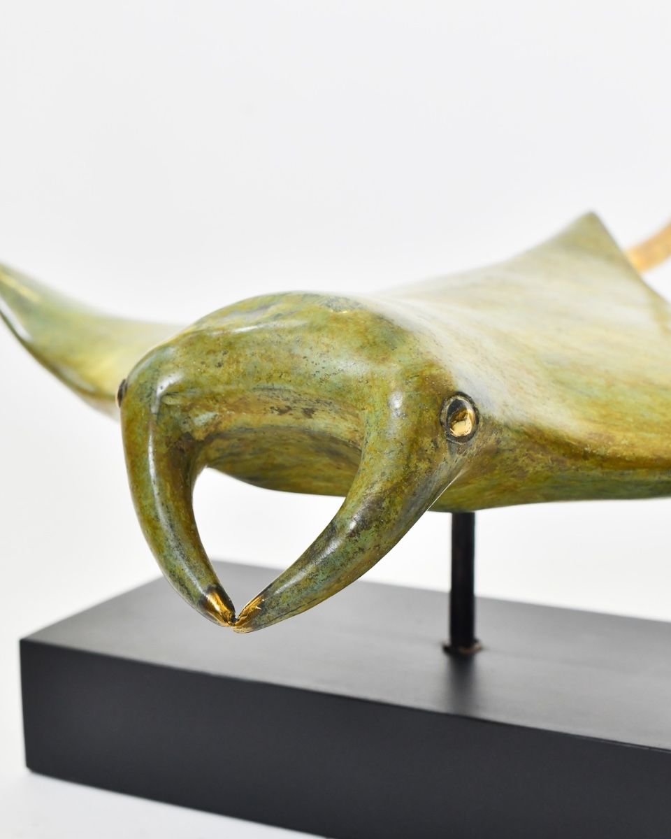 "Sovereign Glider" Ray Large Cast Brass Ornament - Light Verdigris close up of head