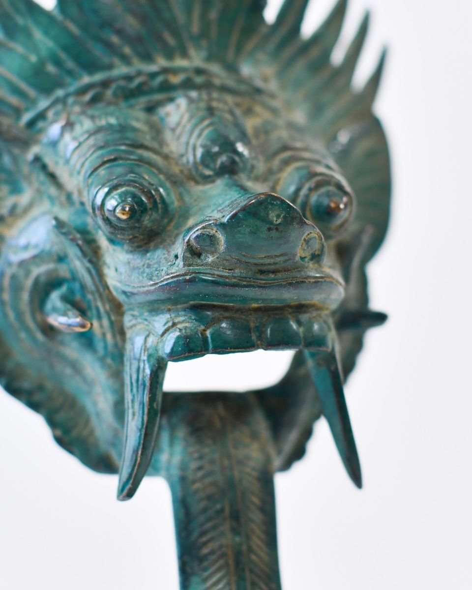 "Sovereign Guardian" Cast Brass Balinese Mask Ornament close up of eyes and nose