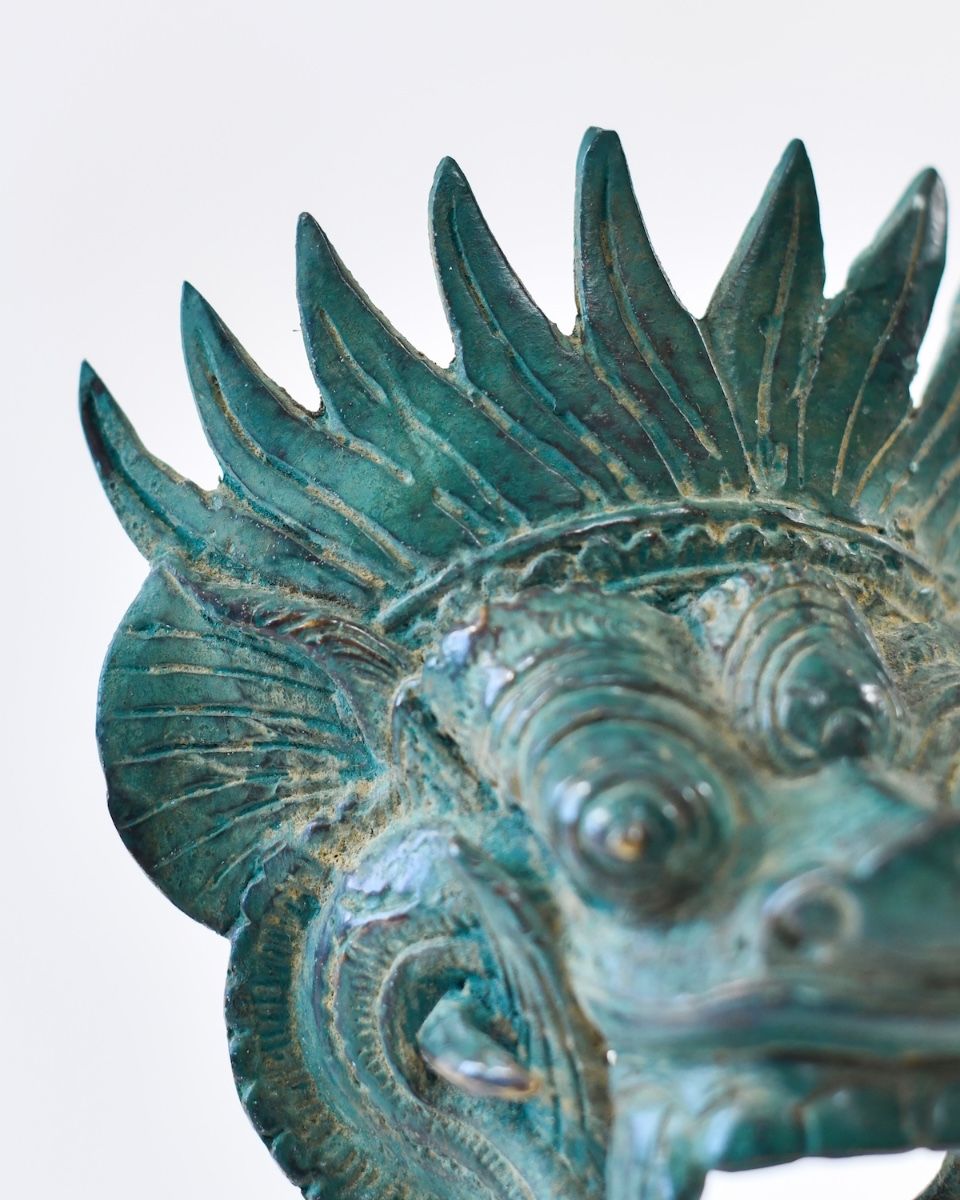 "Sovereign Guardian" Cast Brass Balinese Mask Ornament close up of feathers