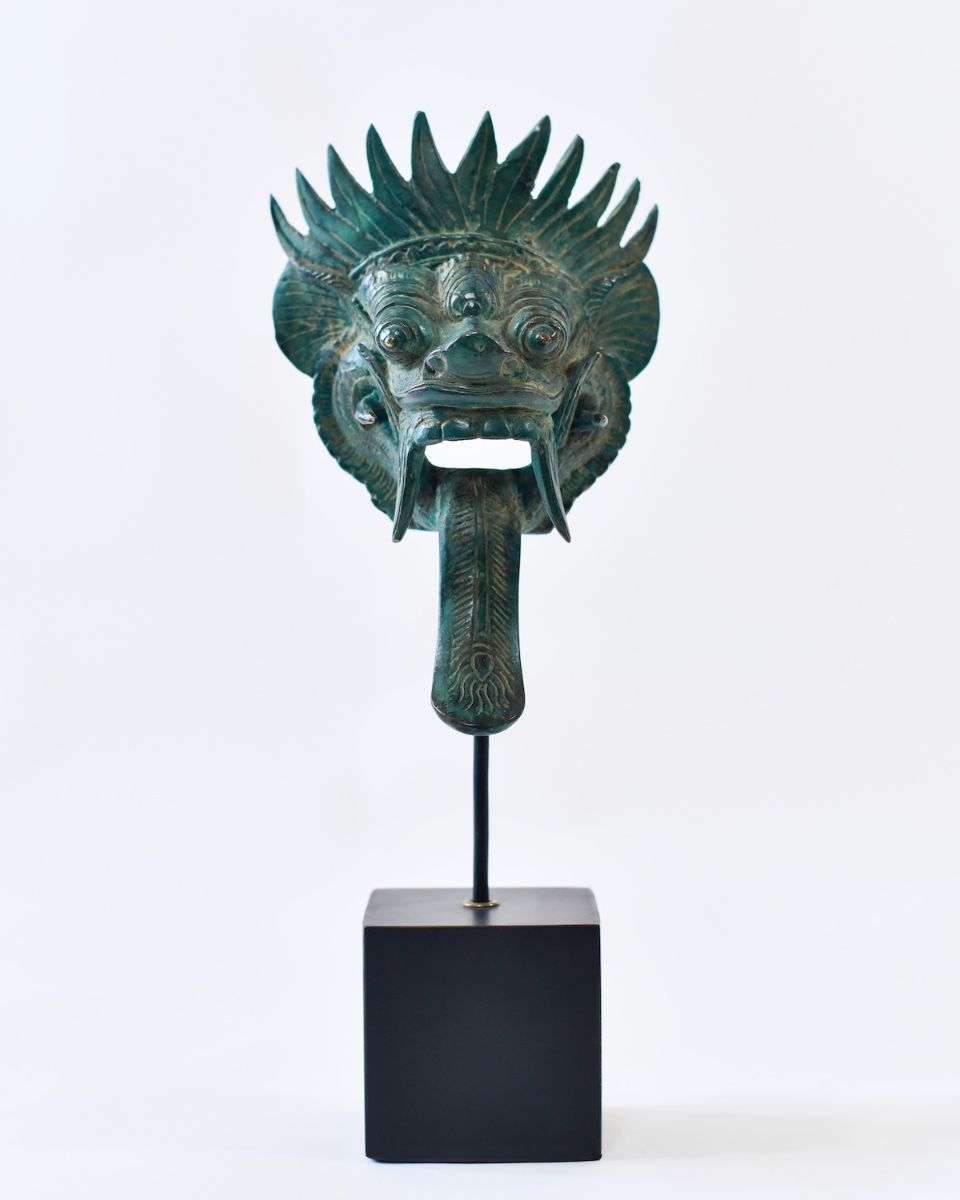 "Sovereign Guardian" Cast Brass Balinese Mask Ornament facing front