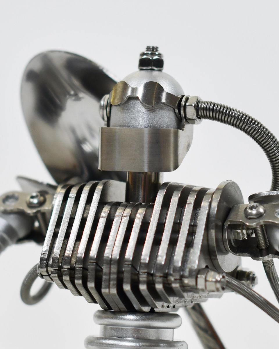 ‘Stainless Sentinel’ Upcycled Stainless Steel Robot close up of head