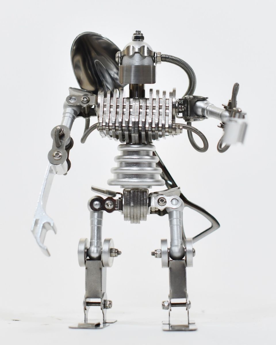 ‘Stainless Sentinel’ Upcycled Stainless Steel Robot main image front on view