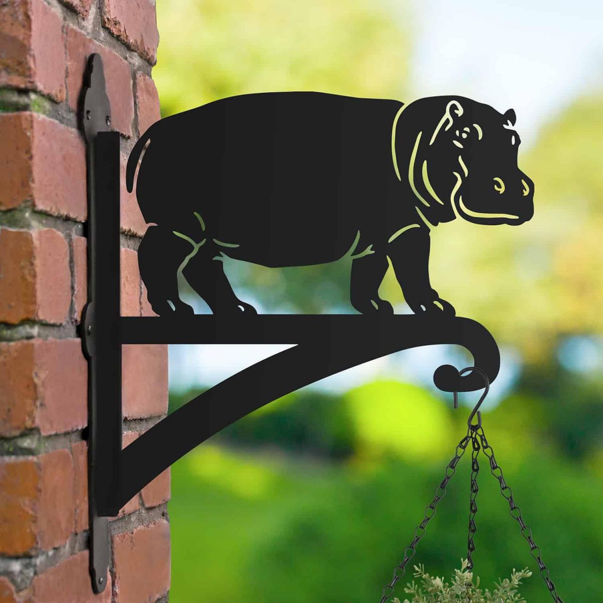 Steel Hanging Basket Bracket with Standing Hippo Topper Steel Hanging Basket Bracket with Standing Hippo Topper