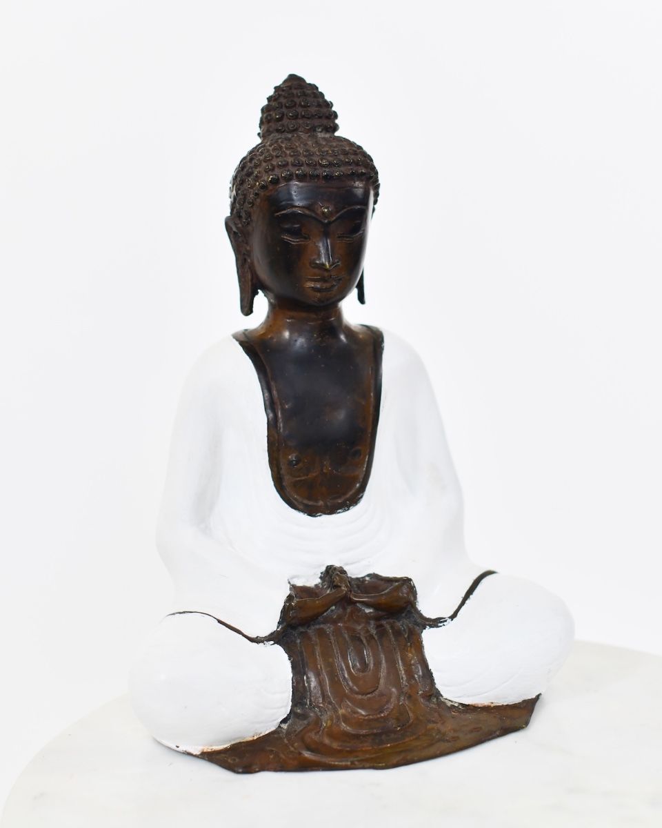 "Stillness Spoken" Cast Brass Buddha Ornament angled shot