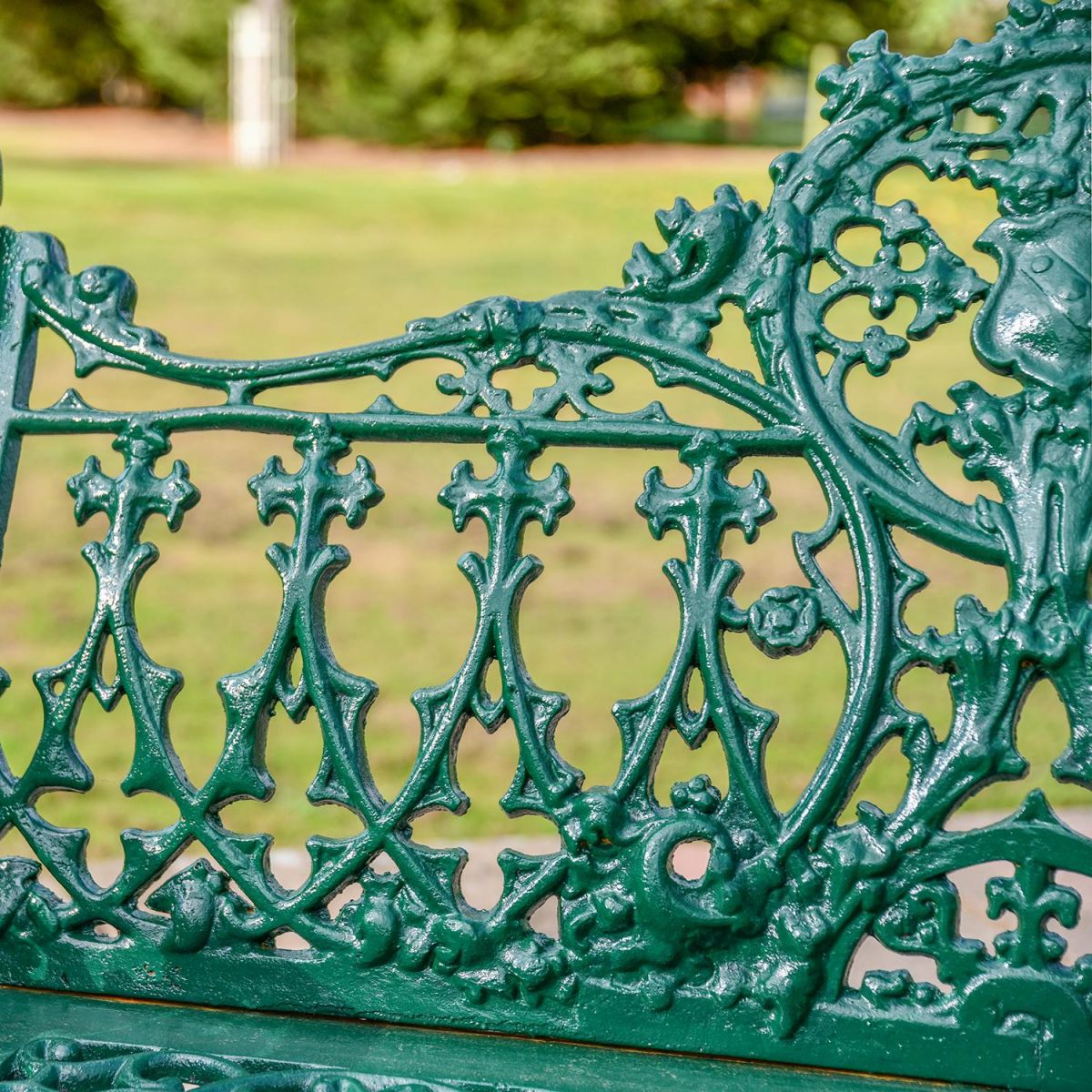 Ornate Detailing on the Back of the Green Cast Iron Gothic Garden Bench 