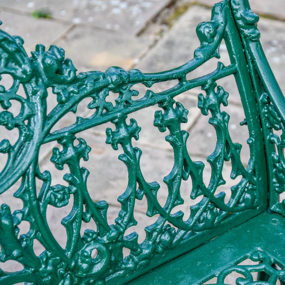 Close-up of the Back of the Green Cast Iron Gothic Garden Bench 