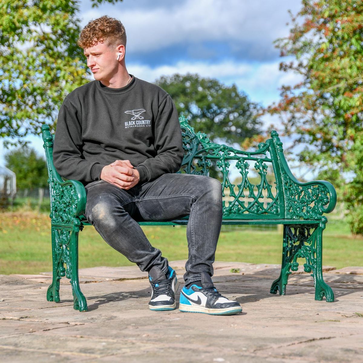 Green Cast Iron Gothic Garden Bench to Scale