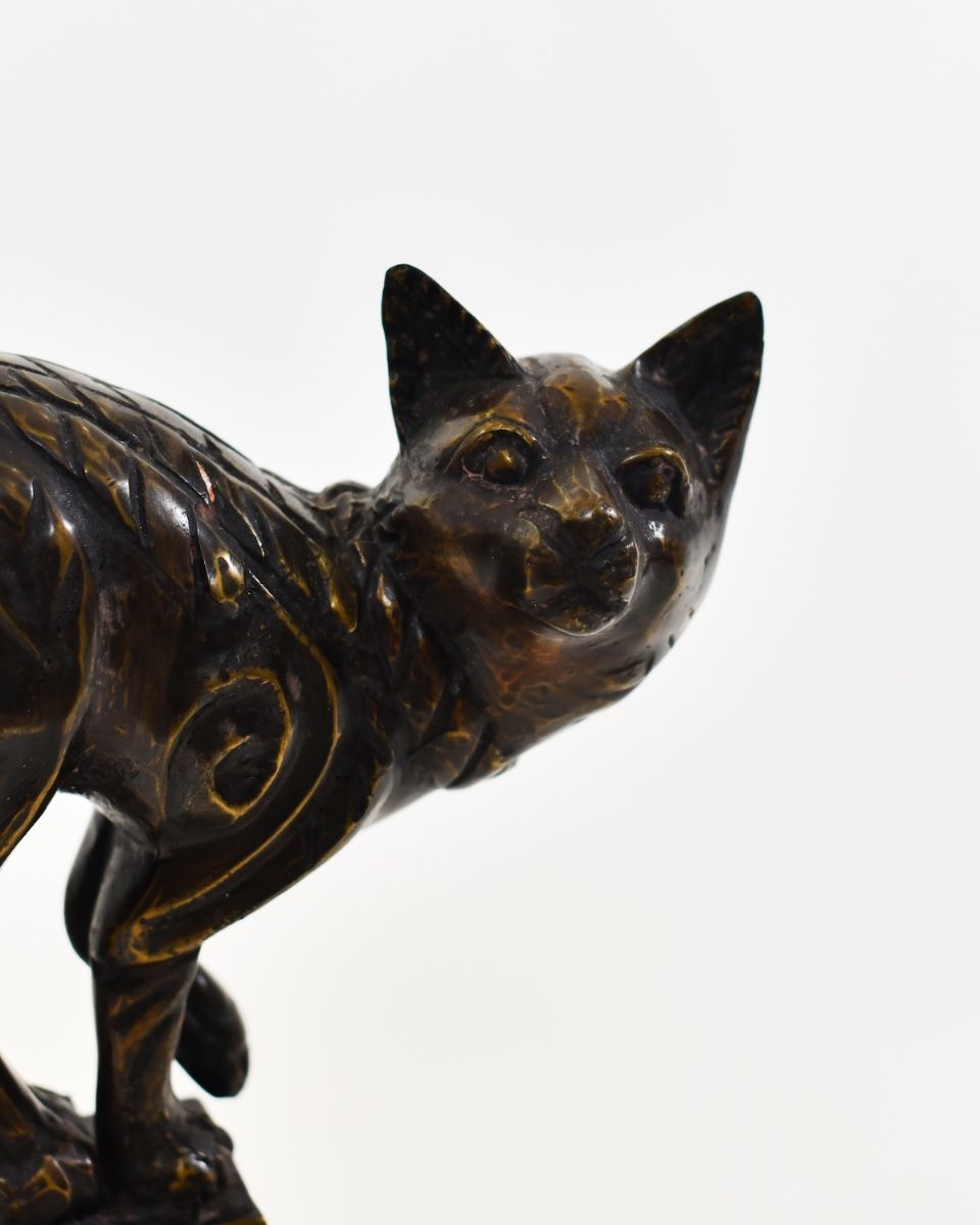"The Curio Cat" Cast Brass Cat Sculpture close up of head