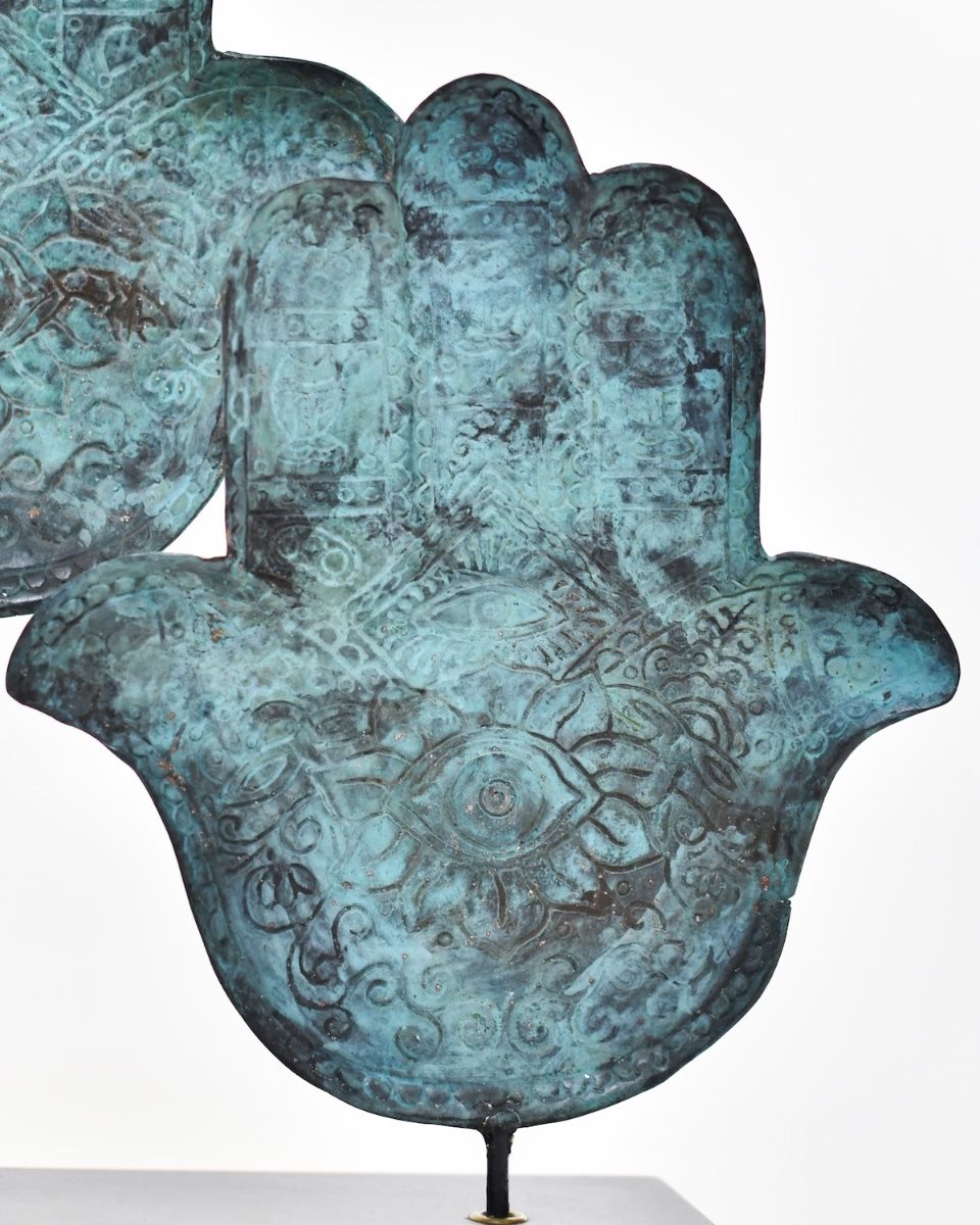 ""The Dual Guard" Cast Brass Sculpture close up of front hand