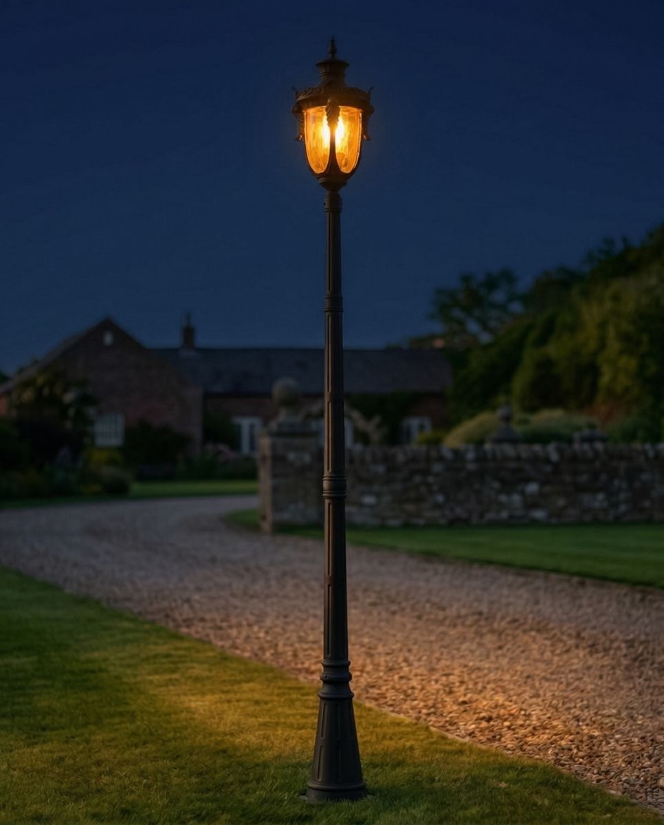 "The Elersburg" Dark Bronze Fluted Lamp Post 2.39m digital illustration at night