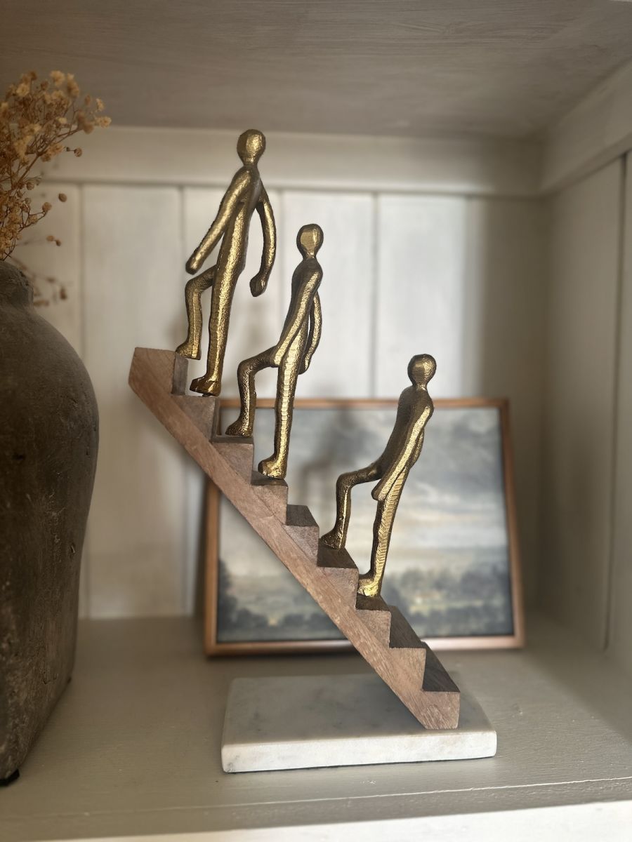 "The Higher you Climb" Aluminium, Mango Wood and Marble Sculpture - Gold