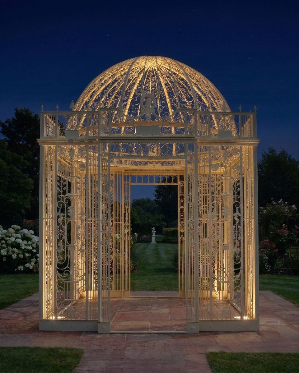 "The Royal Alexandria" Cream Wrought Iron Gazebo at night with lights