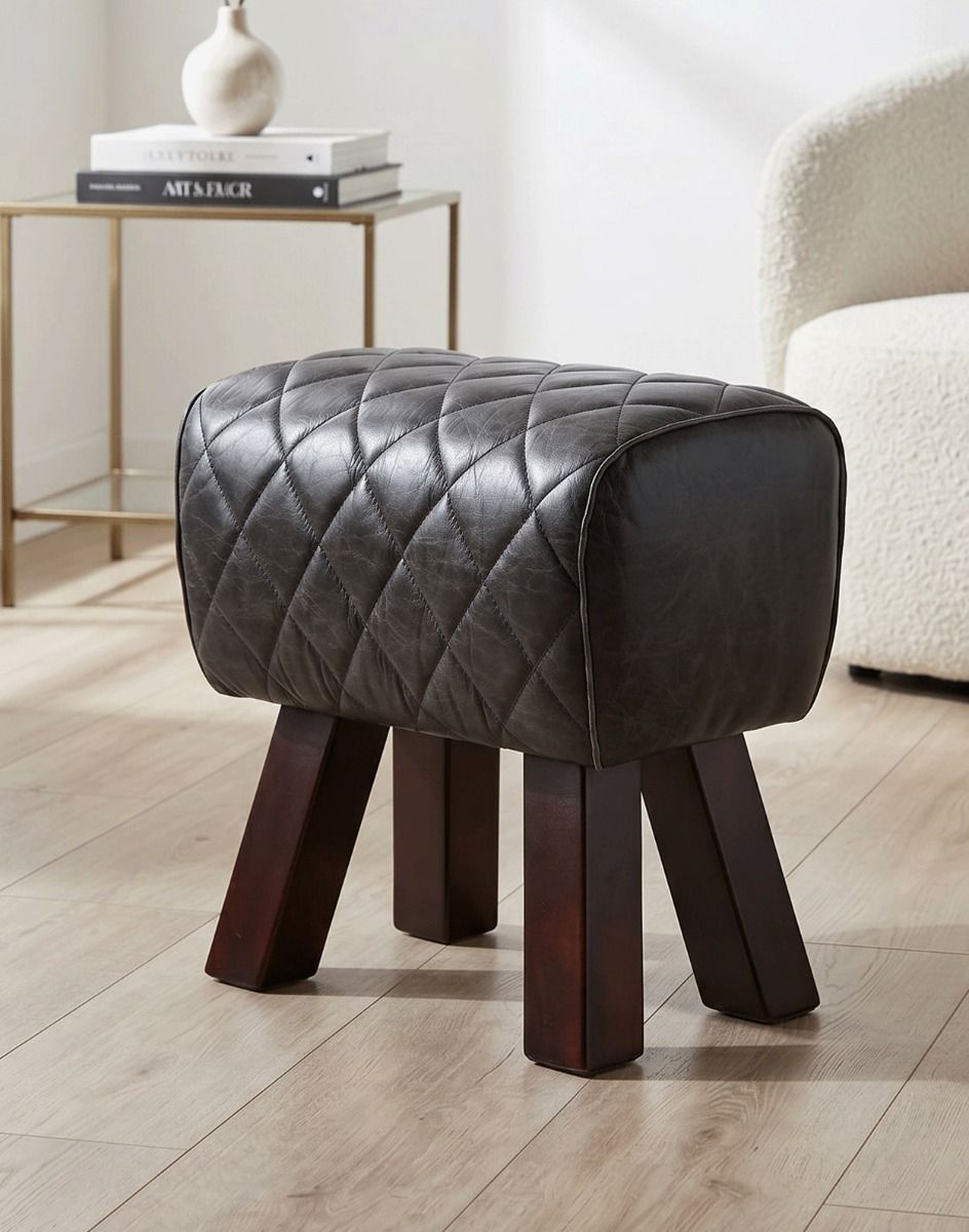 "The Yale" Dark Mango Wood & Black Leather Stool on a Vinyl Floor in a Well Lit Living Room - Digital Illustration 