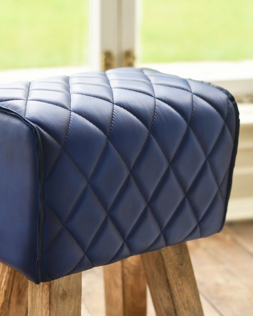 "The Yale" Mango Wood & Blue Leather Stool Stitching Detail "The Yale" Mango Wood & Blue Leather Stool Stitching Detail