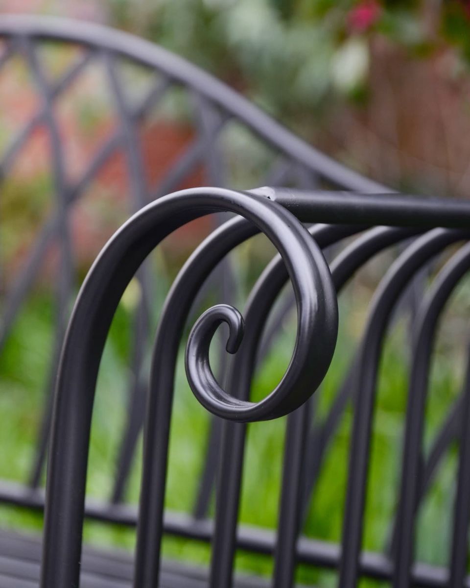 "Twilight" Wrought Iron Arched Garden Bench Close up of Arm Rest