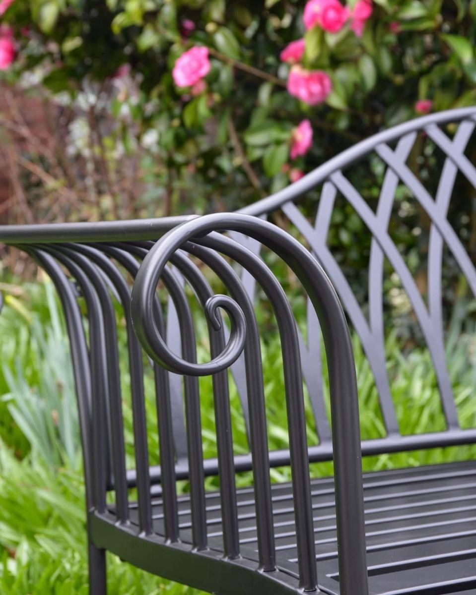 "Twilight" Wrought Iron Arched Garden Bench Close up of Scroll Work