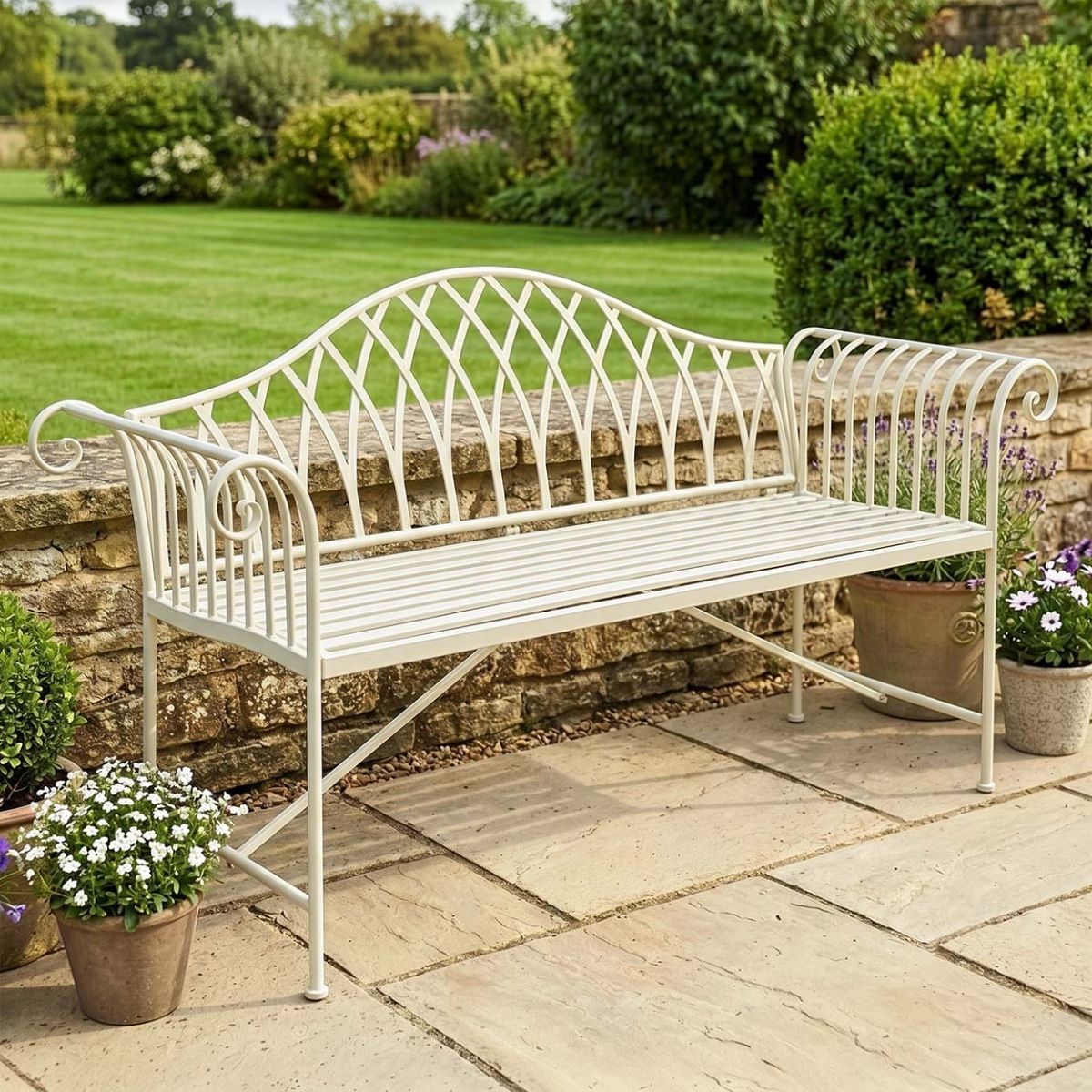 "Twilight" Wrought Iron Arched Garden Bench white Digital Illustration
