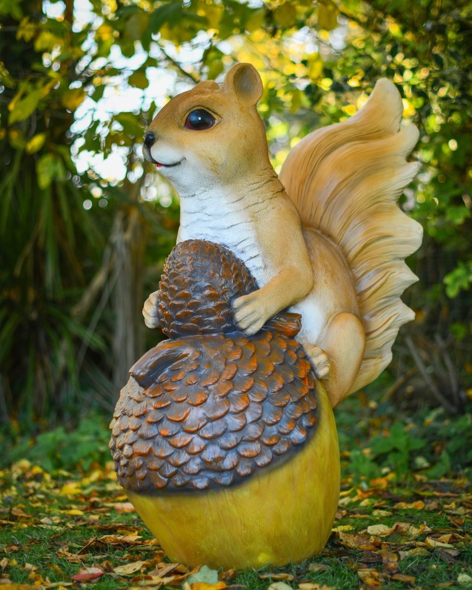 "Twitch" the Handpainted Fibreglass Squirrel Garden Sculpture angled image of sculpture