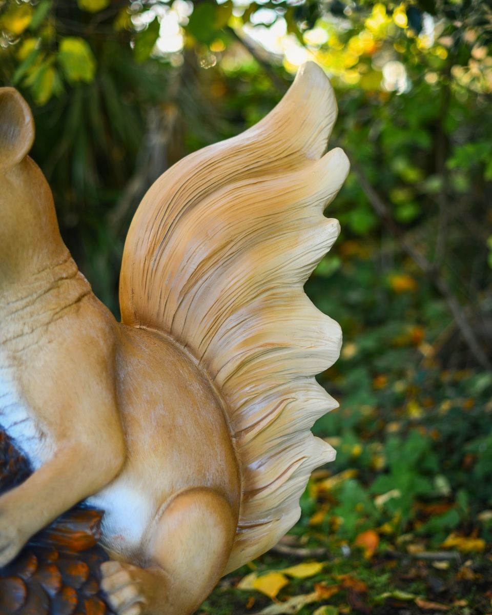 "Twitch" the Handpainted Fibreglass Squirrel Garden Sculpture close up of tail