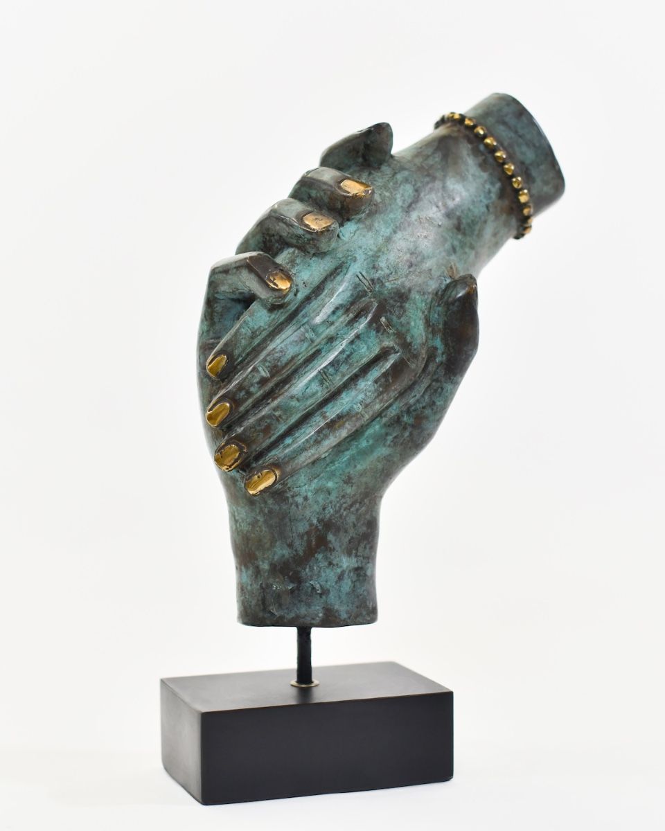 "Verdigris Union" Cast Brass Sculpture angled view