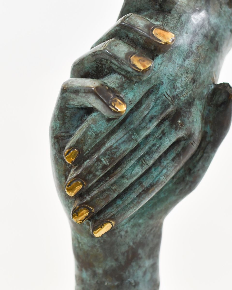 "Verdigris Union" Cast Brass Sculpture close up of hand